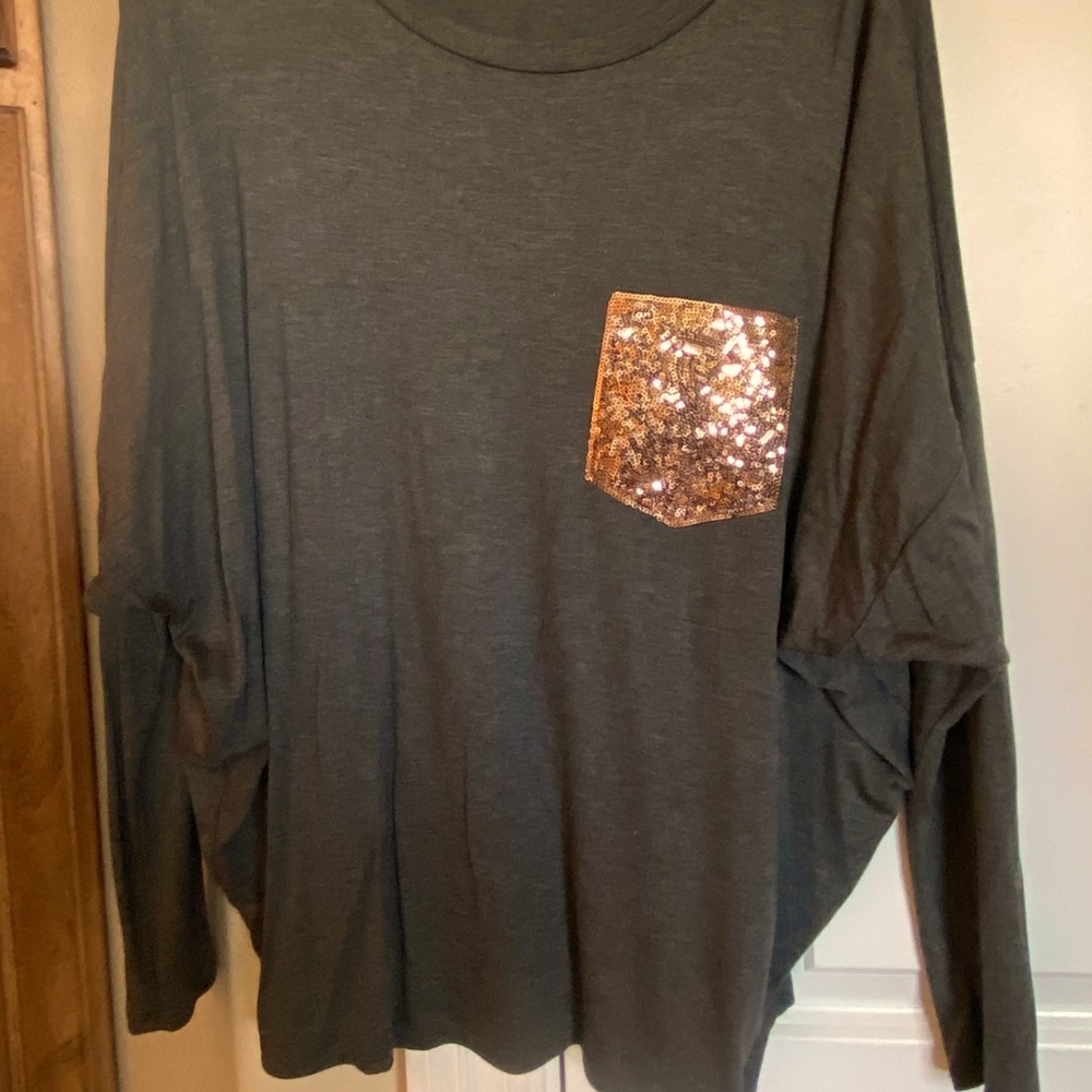 Dark gray Dolman top. rose gold sequin pocket. M.